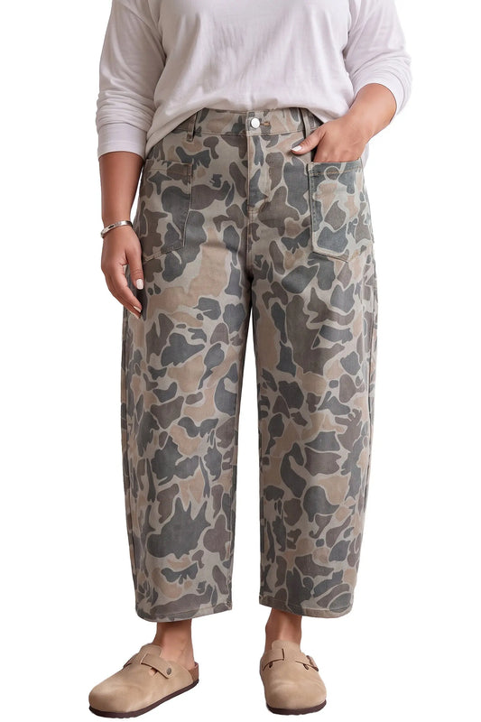 Multicolour Plus Size Camouflage Print High Rise Barrel Jeans model front view · nz-alt-v1