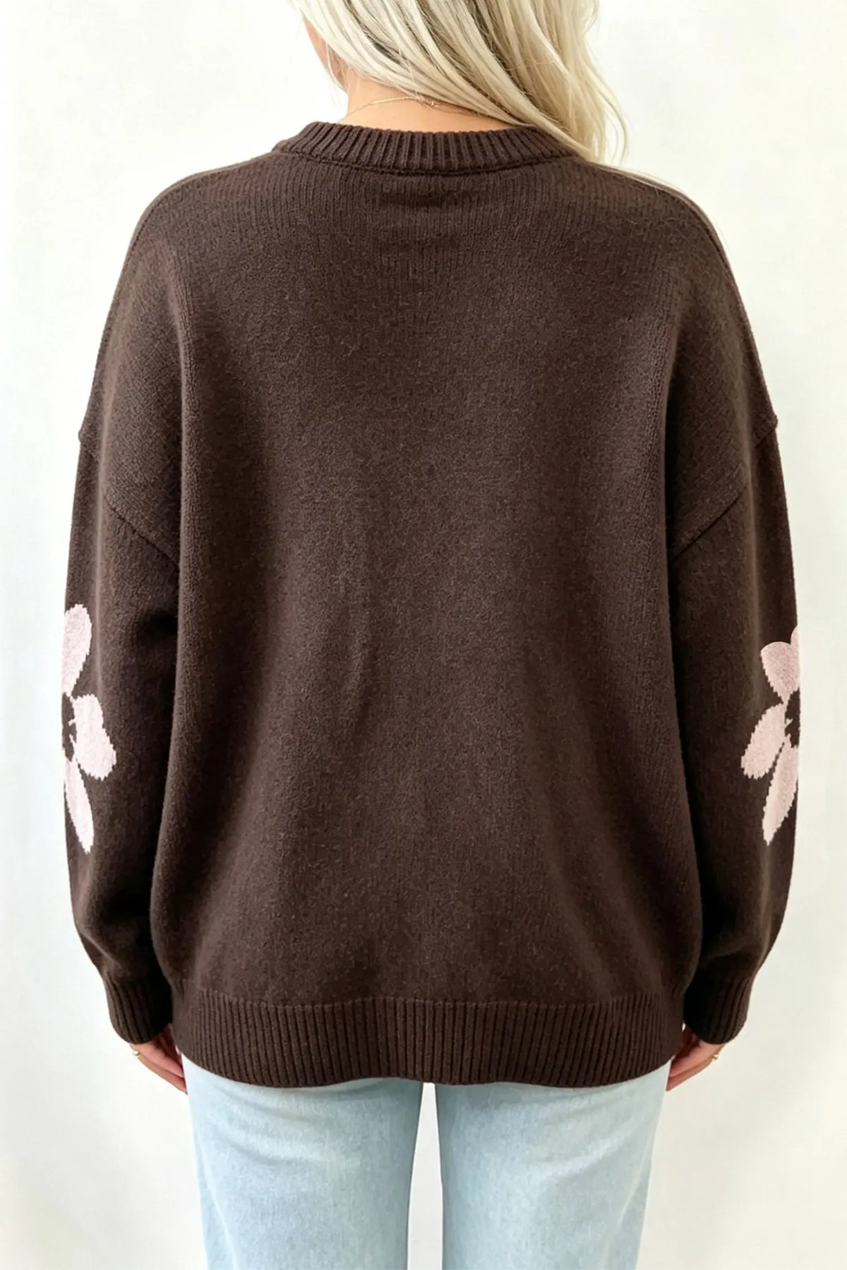 Chicory Coffee Cozy Floral Print Round Neck Dropped Shoulder Casual Sweater model back view · nz-alt-v1
