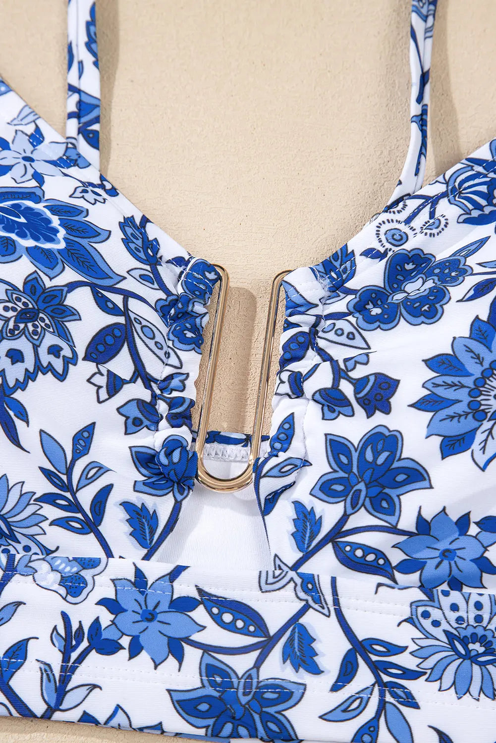 Blue Floral Print Hardware Accent Notched Neck High Waist Bikini Set