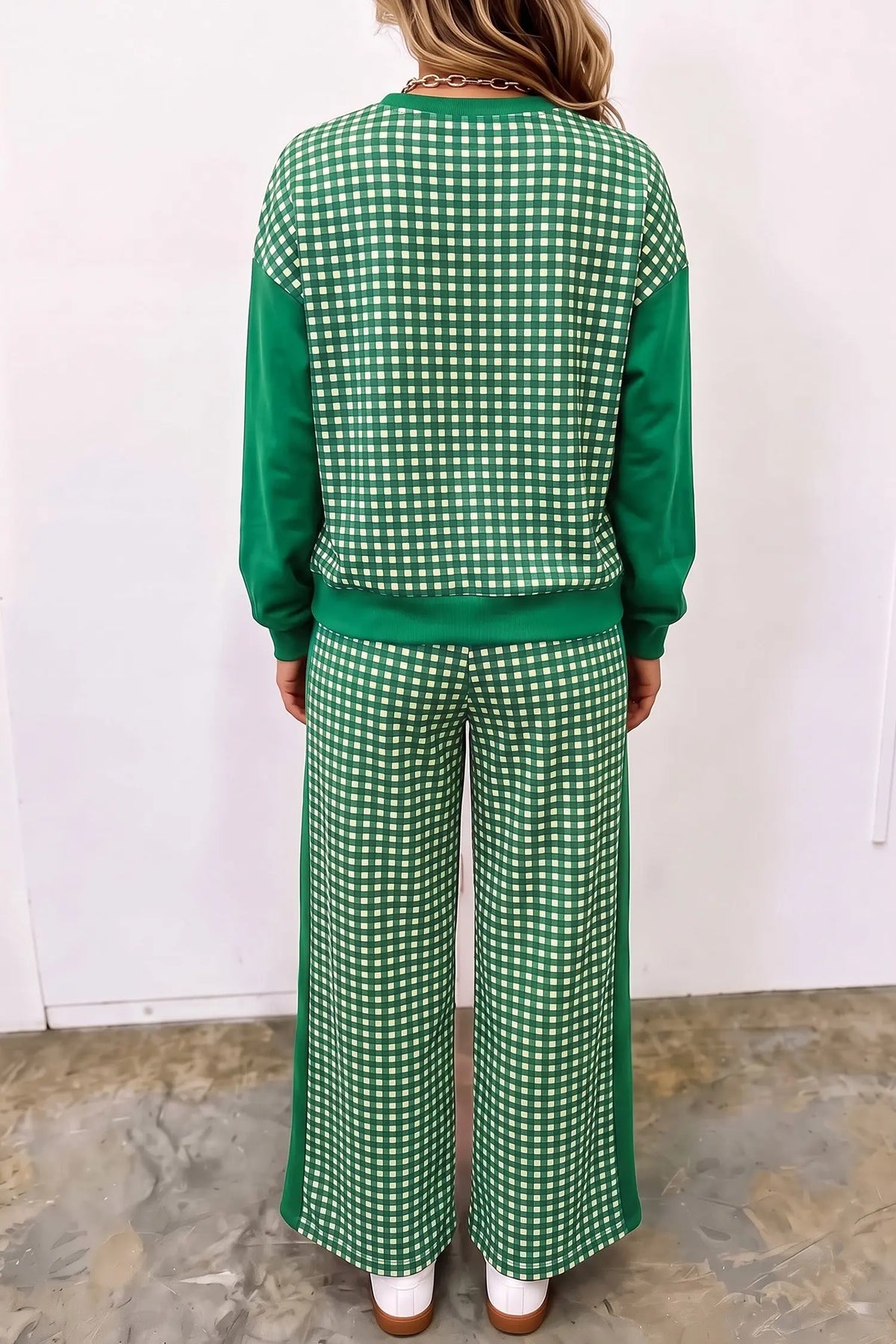 Green Color Block Plaid Patchwork Long Sleeve Pullover Wide Leg Pant Set