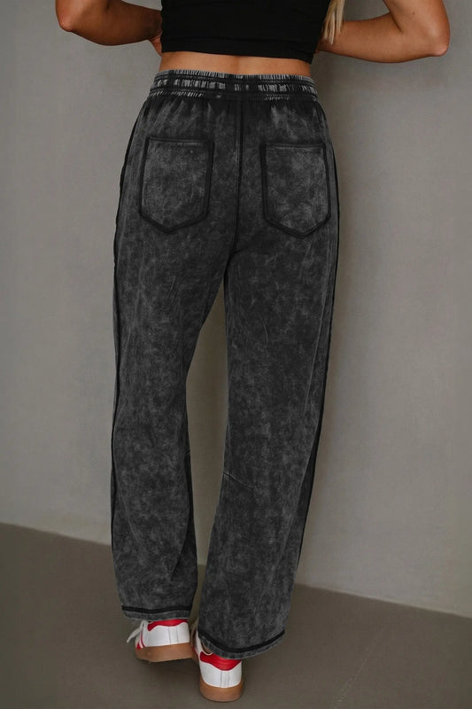 Black Mineral Wash Raw Seam Drawstring Elastic Waist Barrel Pants