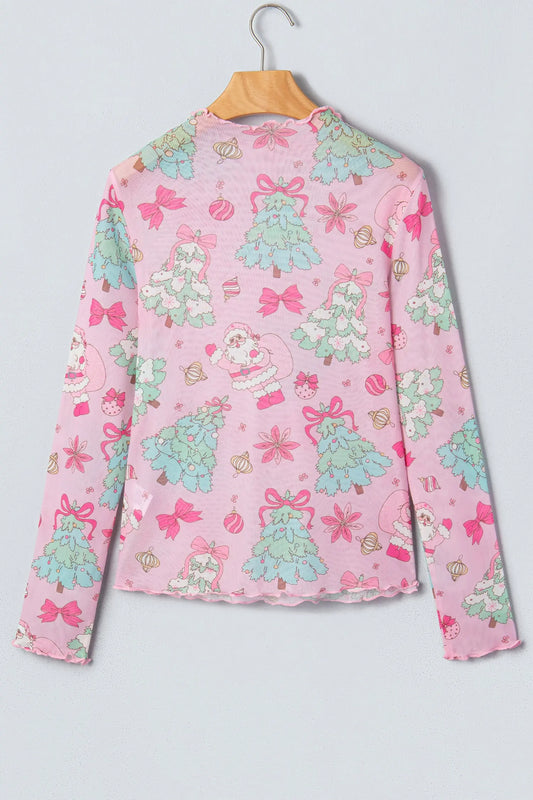Pink Abstract Print Stand Neck Slim Fit Long Sleeve Top