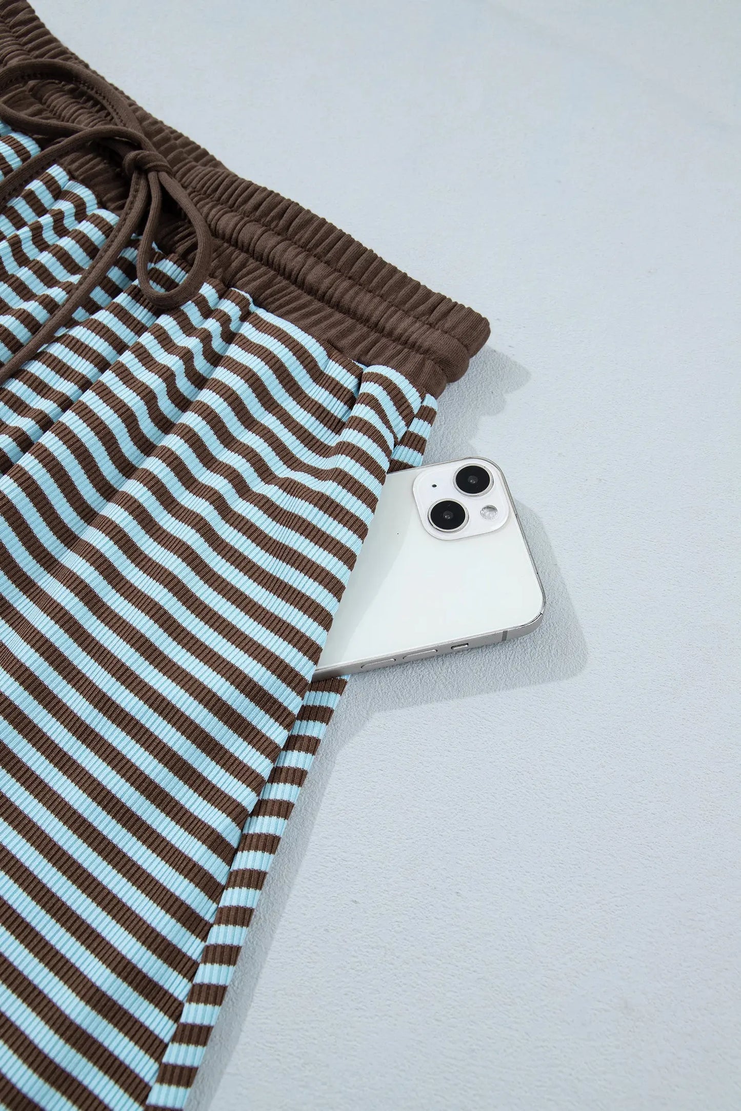 Blue Stripe Oversized Long Sleeve Top Drawstring Loose Shorts 2pcs Set