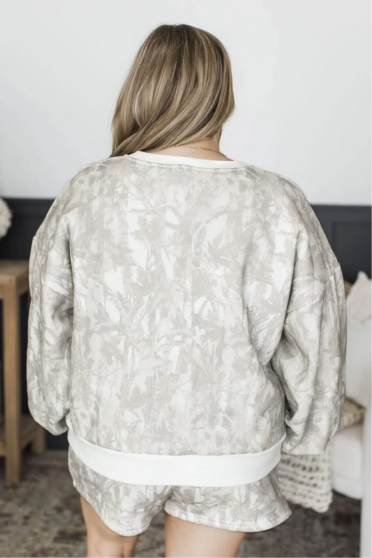 Beige woodland camo print pullover and shorts plus size set model back view · nz-alt-v1