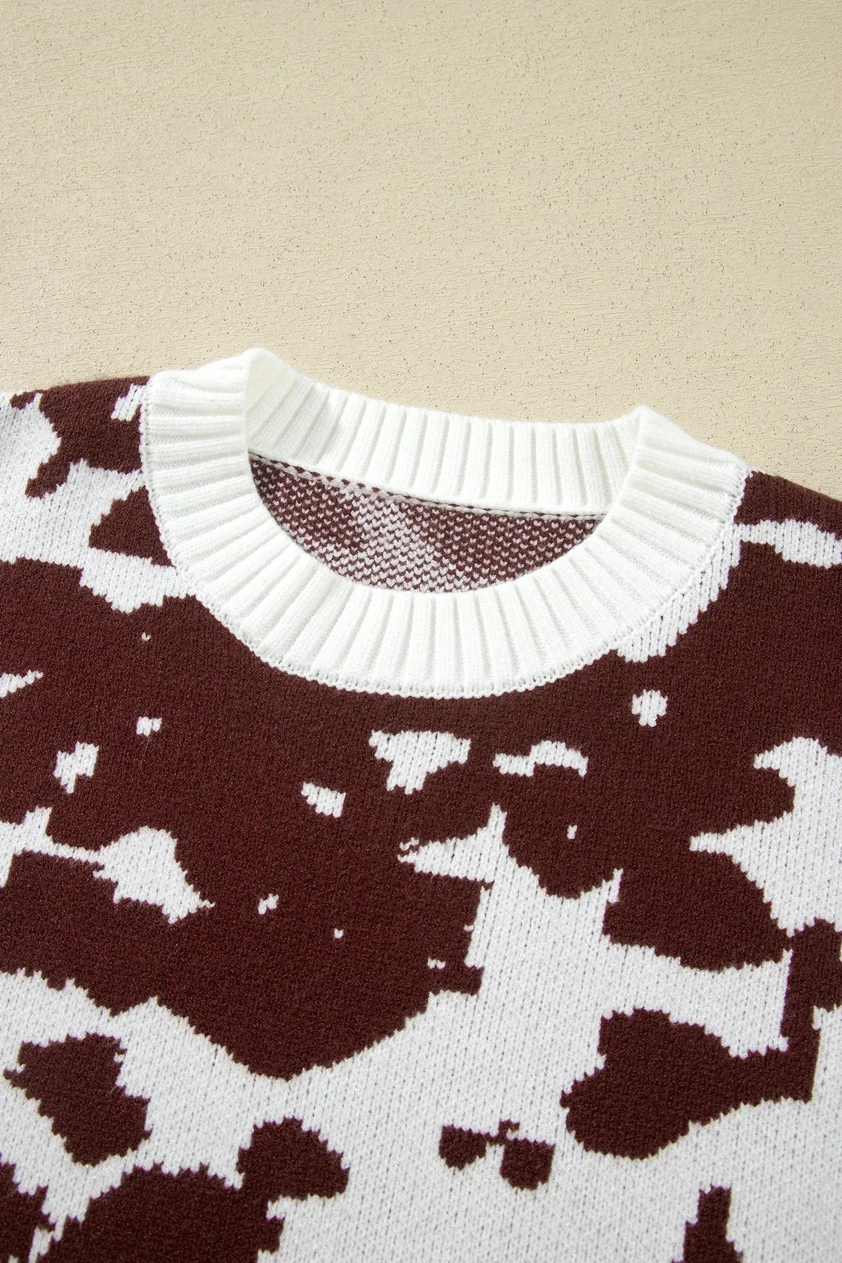 Brown Western Print Cow Pattern Long Sleeve Round Neck Pullover Knitwear Sweater