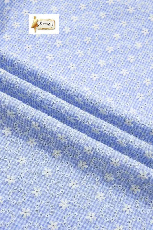 Beau Blue Eyelet Embroidered Flower Texture Contrast Lace Trim Flutter Sleeve Blouse Nataliz