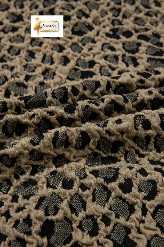 Beige Ribbed Patchwork Collar Cuffed Sleeve Leopard Plus Top - Tops