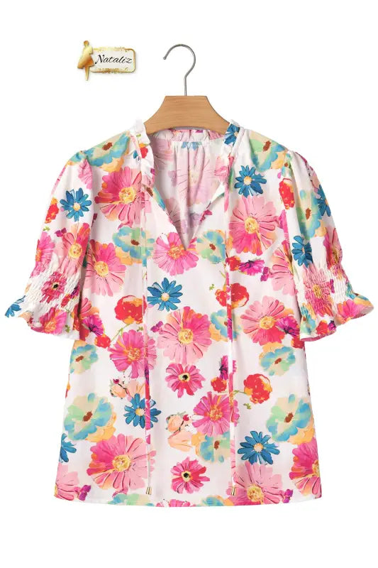 Beige Vibrant Summer Floral Tie V Neck Short Puff Sleeve Blouse Nataliz