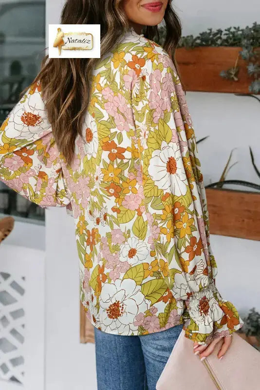 Blue Cakewalk Floral Smocked Blouse Nataliz