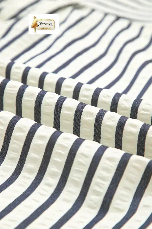 Blue Stripe Floral Embroidered Detail V Neck Short Sleeve Blouse - Blouses & Shirts