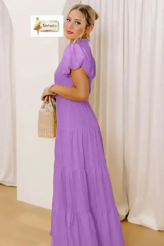 Bright Green Solid Color V Neck Short Puff Sleeve High Waist Tiered Maxi Dress Nataliz