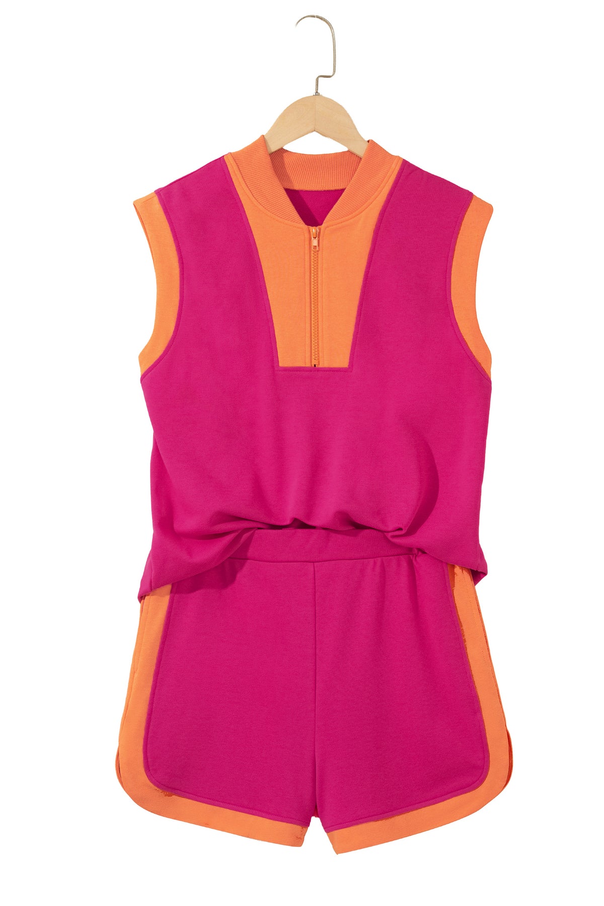 Pitaya Pink Color Block Accent Half Zip Top Athleisure Shorts Set