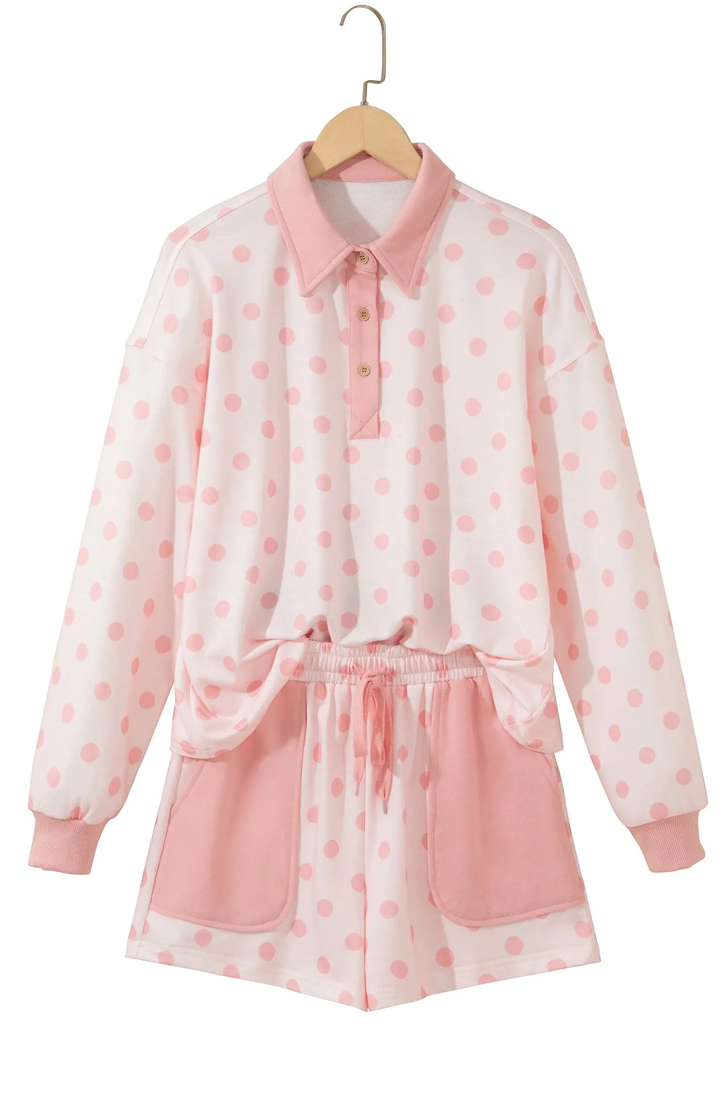 Pink Polka Dot Drop Shoulder Polo Loose Pullover Patch Pocket Casual Shorts Set