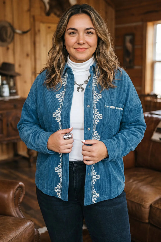 Blue Embroidered Corduroy V-Neck Long Sleeve Plus Size Shirt model front view · nz-alt-v1