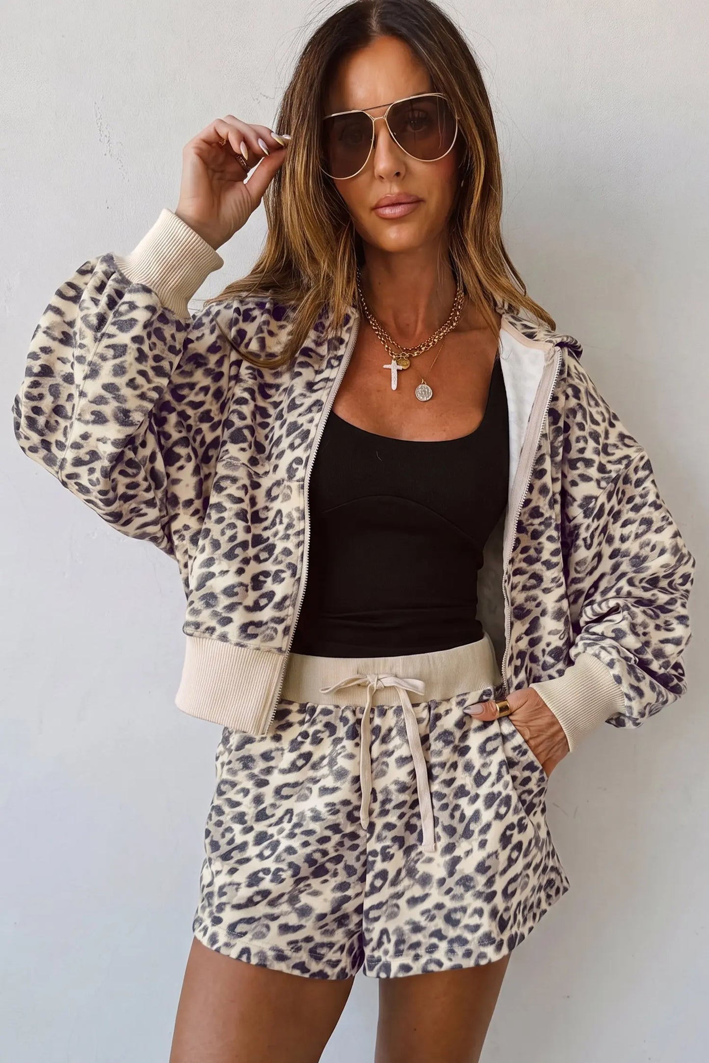 Multicolour Leopard Zip-Up Hooded Drawstring Pant Set