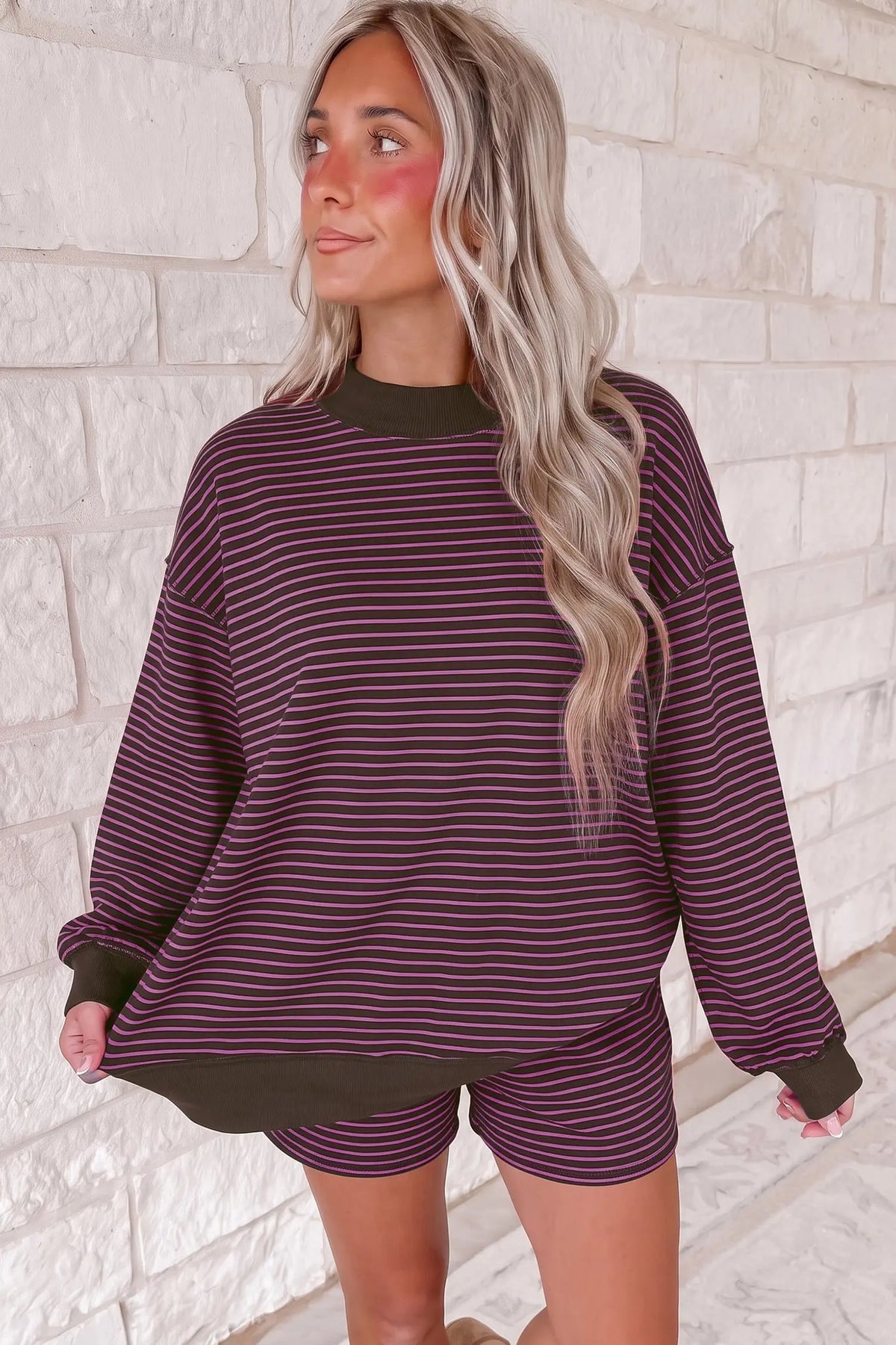 Pink Stripe Ribbed Patchwork Mock Neck Baggy Pullover Matching Shorts Set