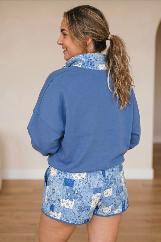 Blue Floral Patchwork V-Neck Long Sleeve Short Bottoms Plus Size Set