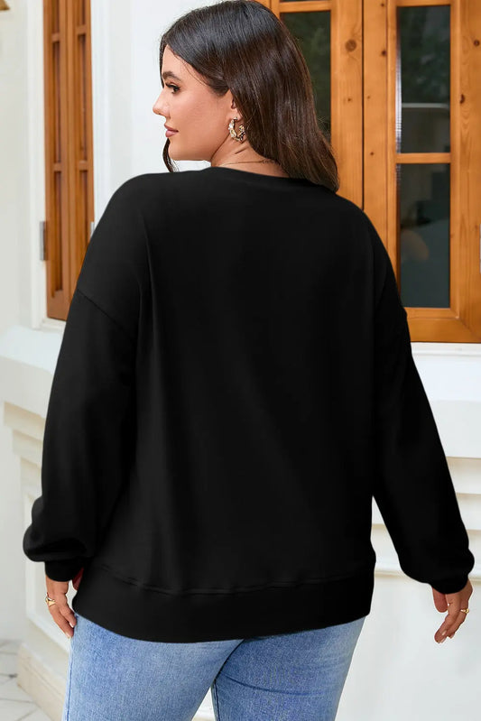 Black Solid Button Placket Crew Neck Plus Size Sweatshirt model back view · nz-alt-v1