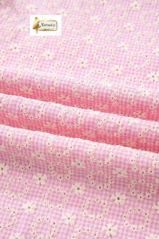 Cotton Pink Eyelet Embroidered Flower Texture Contrast Lace Trim Flutter Sleeve Blouse Nataliz