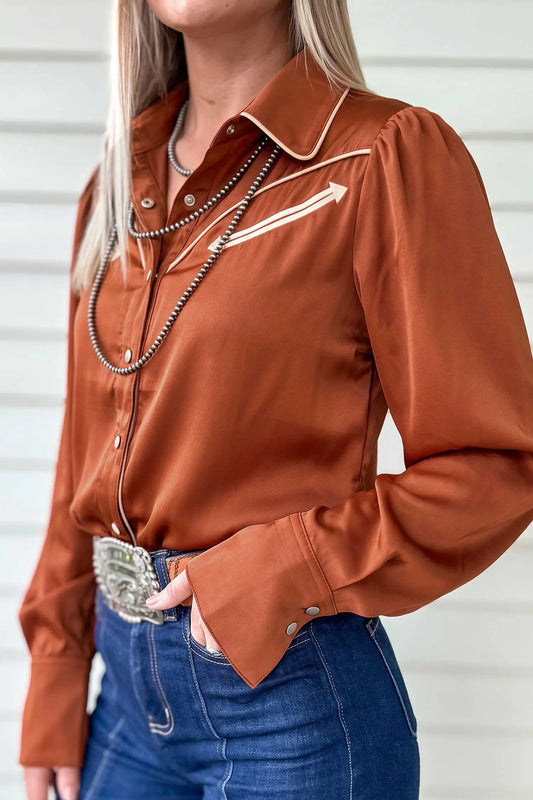 Cinnamon Silky Long Sleeve Button Front Western Fashion Shirt