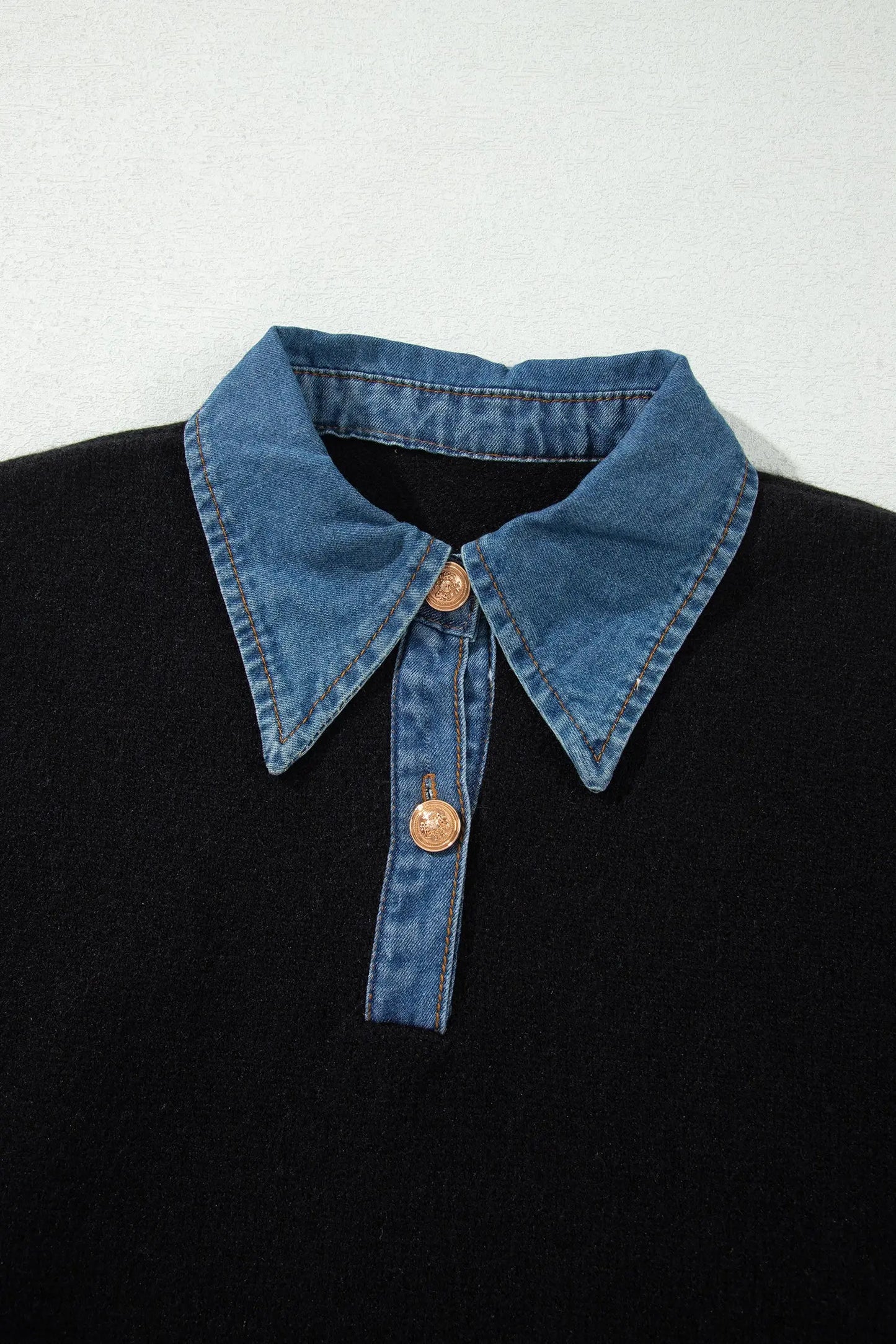 Black Denim Patchwork Collar Cuffed Casual Sweater