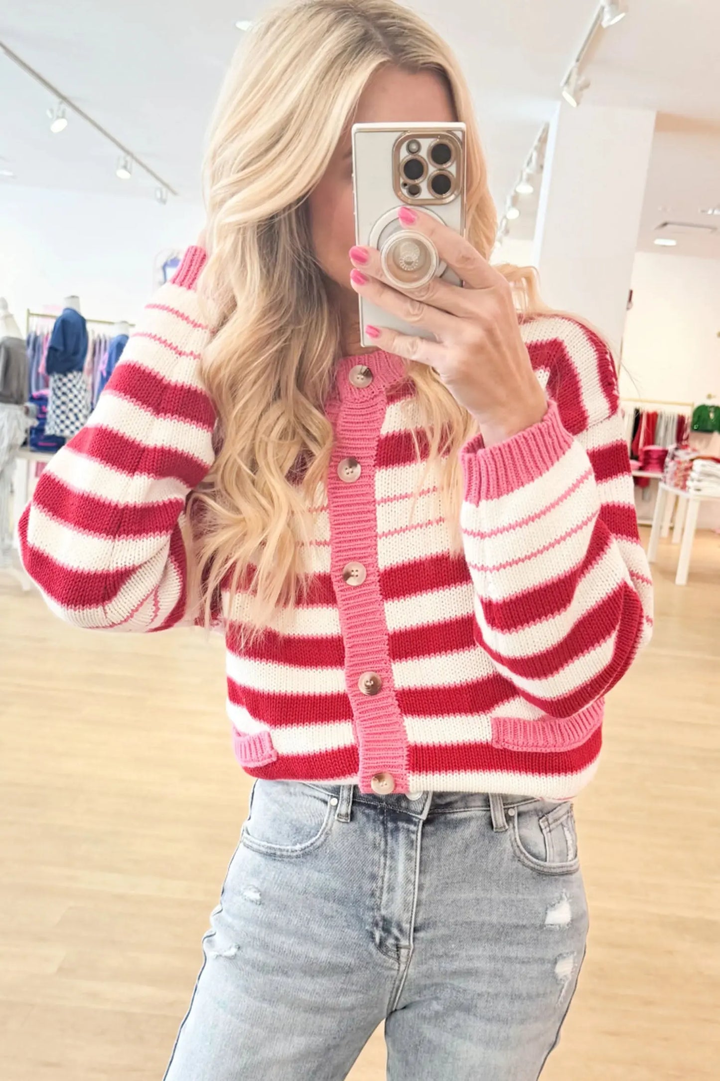 Red Stripe V Neck Long Sleeve Regular Fit Cardigan