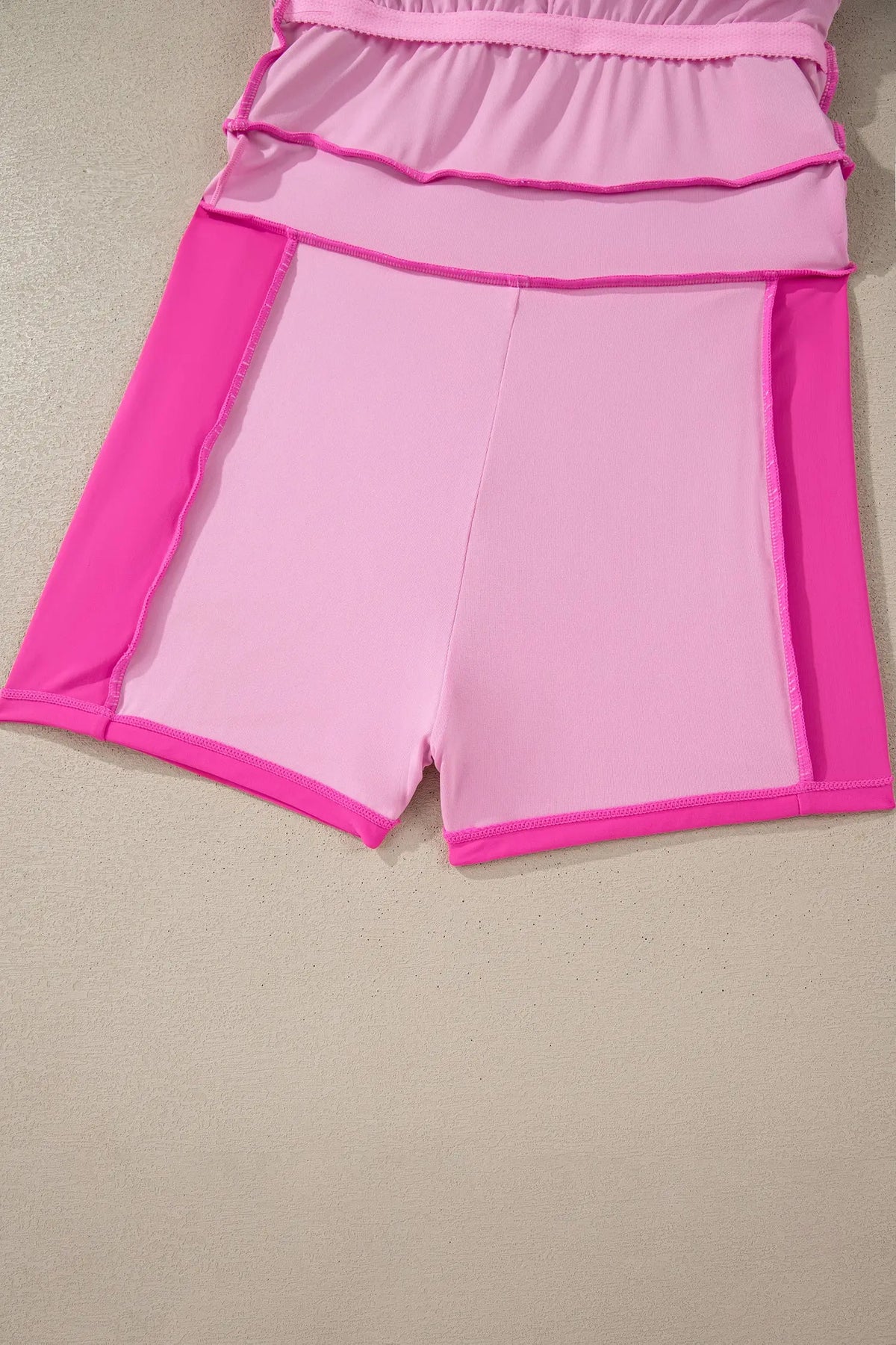 Rose Red Contrast Trim Neckline Active Shorts Attached One Piece Swim Dress