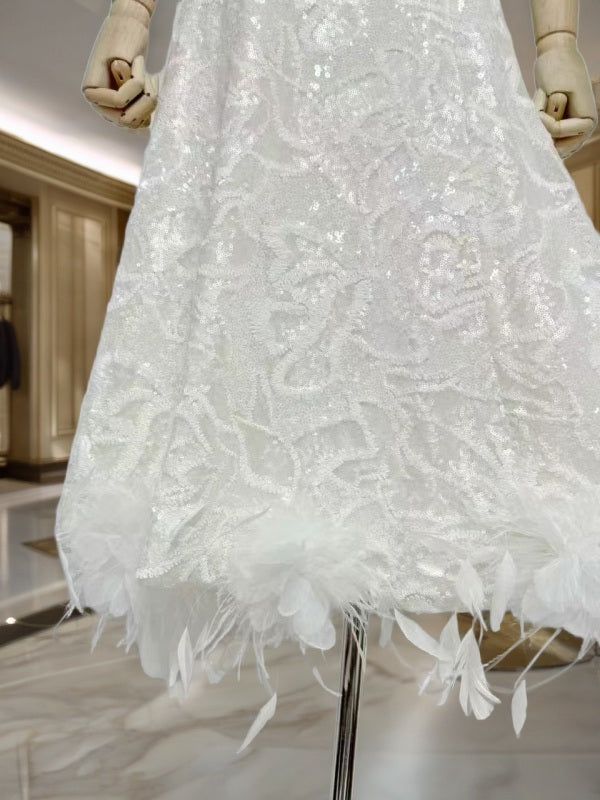 Sequin Feather-Trim Sleeveless Midi Dress in Ivory detail view · nz-bg-v1