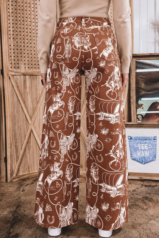 Brown Western Print Casual Shift Jeans model back view · nz-alt-v1