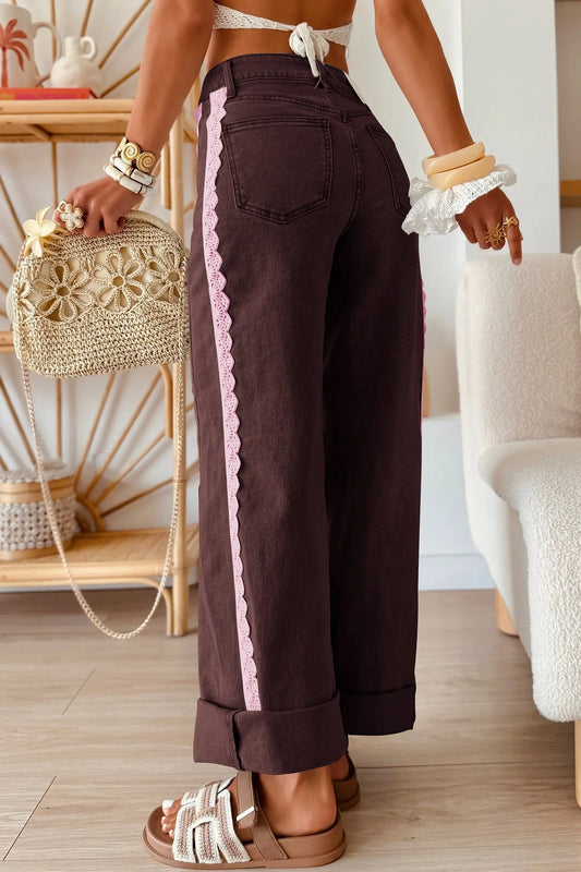 Coffee Lace Trim Casual Full-Length Regular Fit Jeans