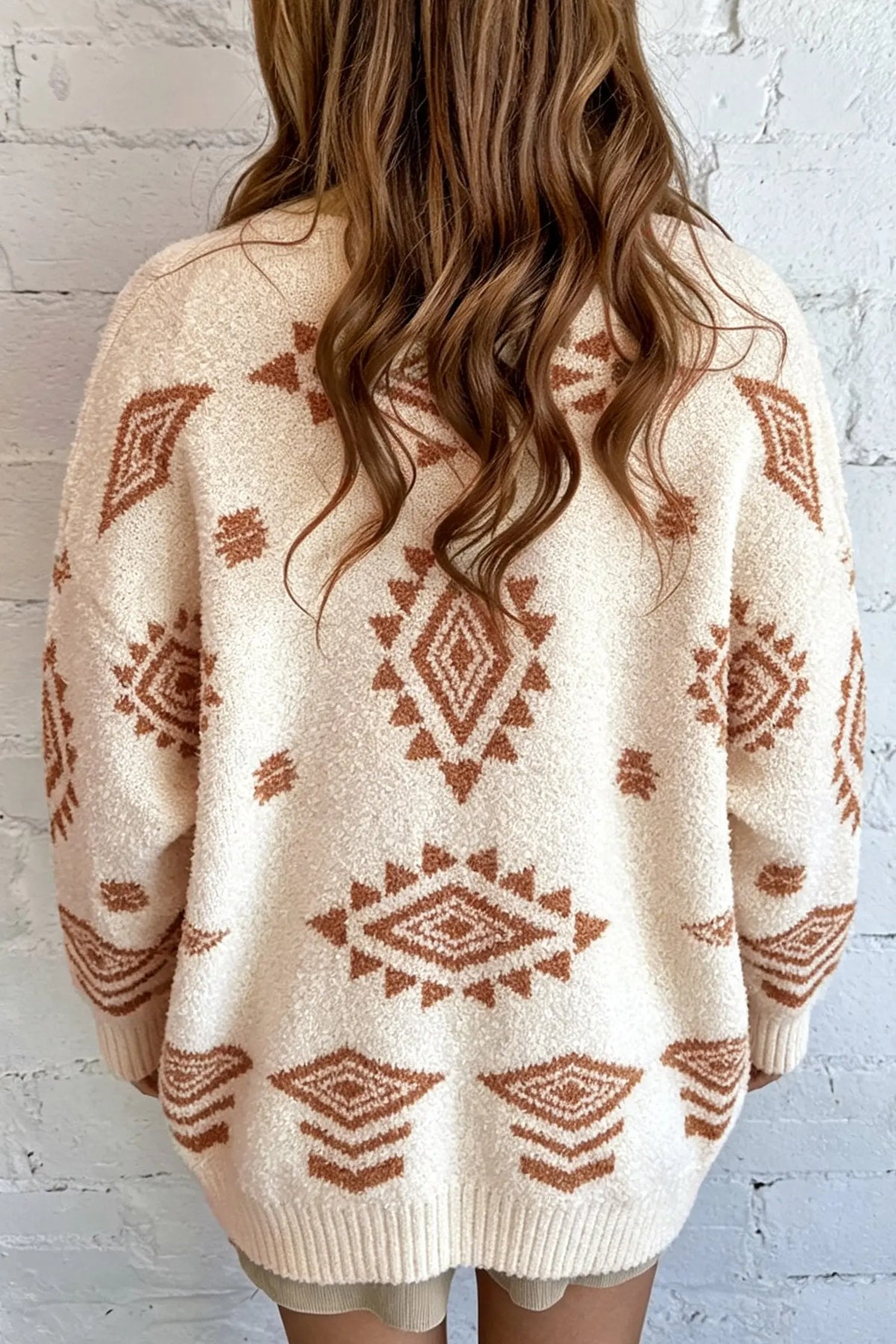 Oatmeal fuzzy Aztec print open knit sweater tunic cardigan model back view · nz-alt-v1