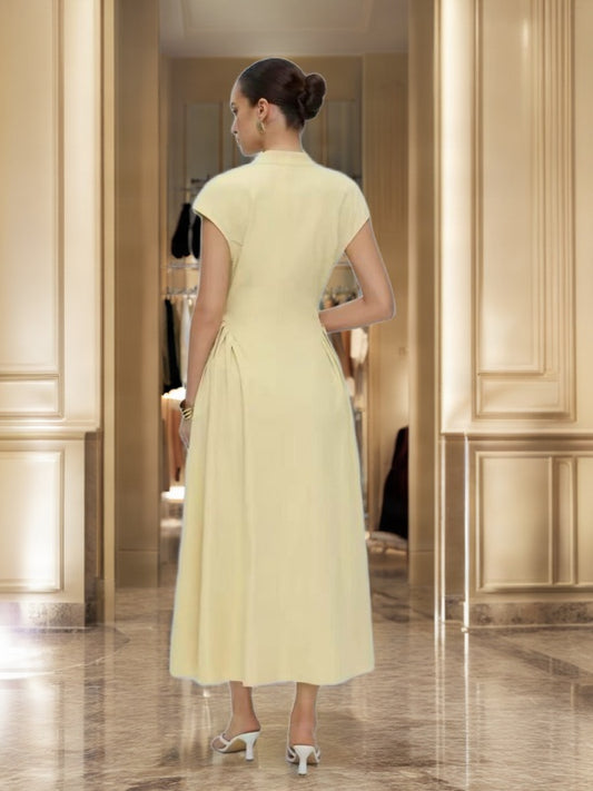 Bow Neck Cap Sleeve Midi Dress in Butter Yellow model back view · nz-bg-v1