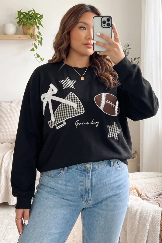 Black Rugby Game Day Patchwork Graphic Plus Size Sweatshirt model front view · nz-alt-v1