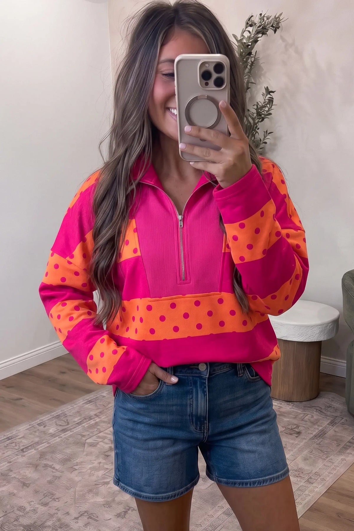 Brown Stripe Patchwork Polka Dot Accent Quarter Zip Long Sleeve Top Pink Stripe model front view · nz-alt-v1
