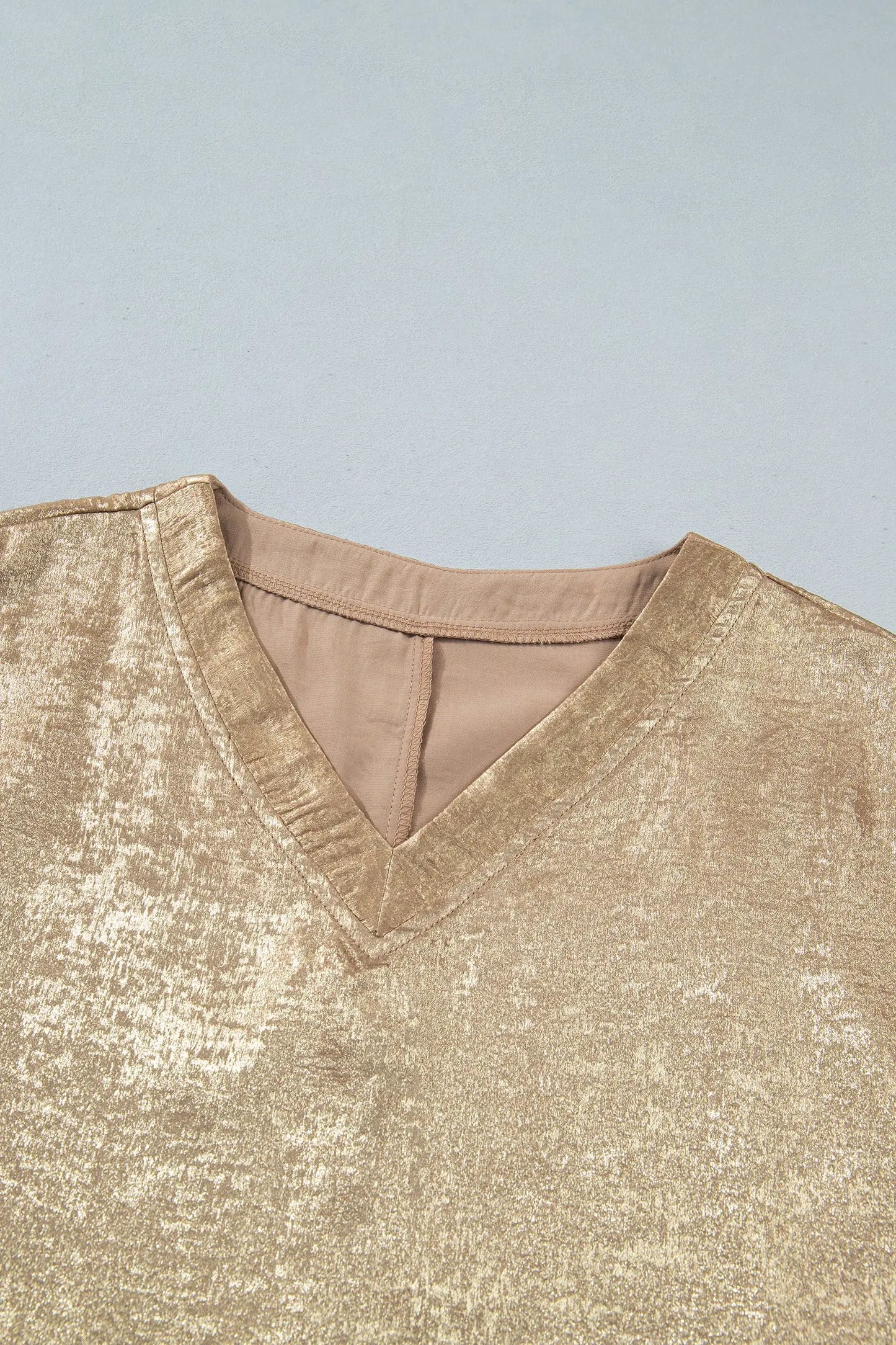 Parchment Metallic V Neck Button Cuffed Long Sleeve Dolman Blouse