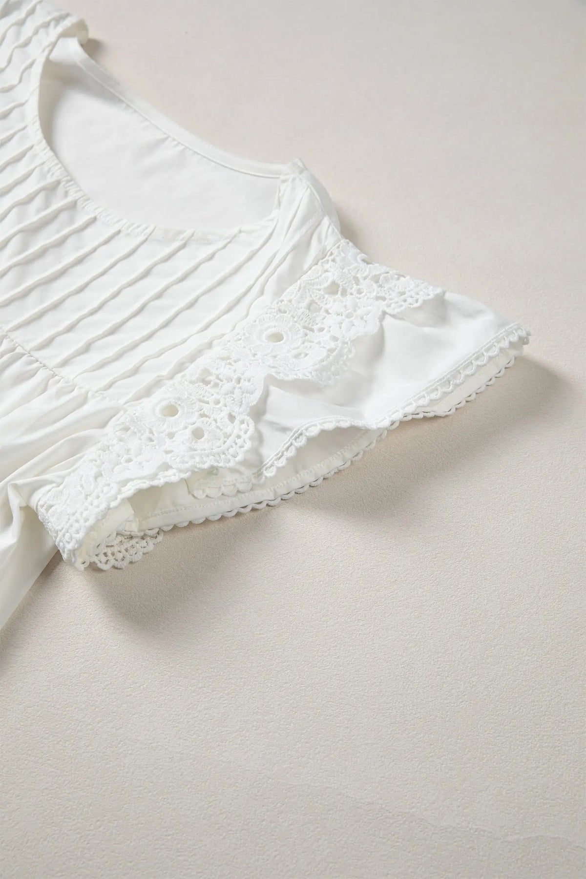 Cotton Bonbon Lace Detail Flutter Sleeve Pleated Round Neck Blouse