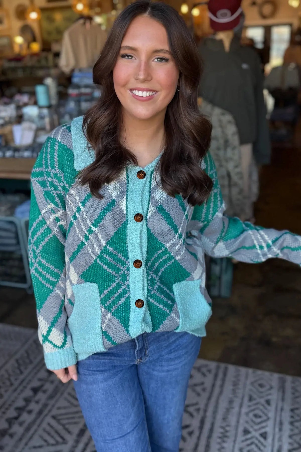 Green Plaid V Neck Long Sleeve Shift Cardigan Sweater model front view · nz-alt-v1
