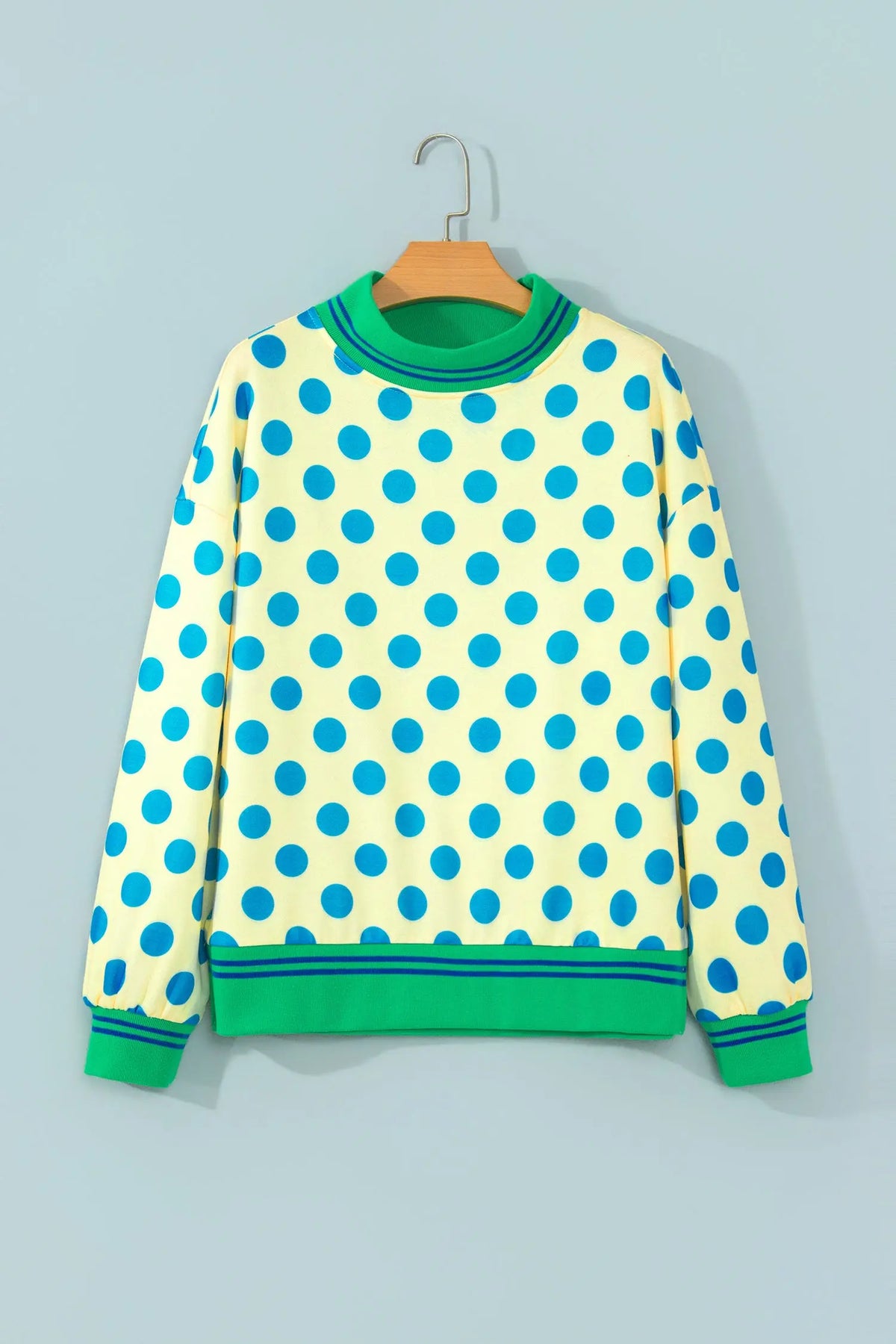 Rose Polka Dot Striped Trim Mock Neck Sweatshirt
