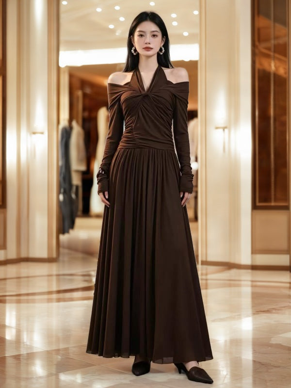 Cold Shoulder Halter Maxi Dress in Chocolate Brown model front view · nz-bg-v1