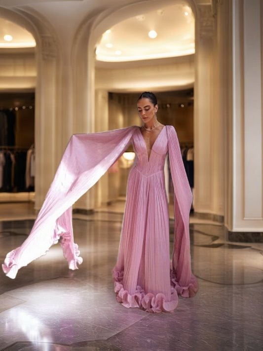 Pleated Cape-Sleeve Maxi Gown in Blush Pink model front view · nz-bg-v1