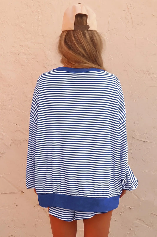 Blue Stripe Oversized Long Sleeve Top Drawstring Loose Shorts 2pcs Set