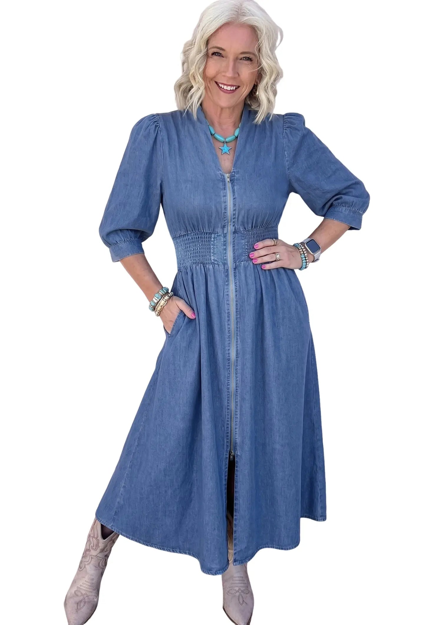 Blue V Neck Shirred Waist Metal Zipper Denim Midi Dress