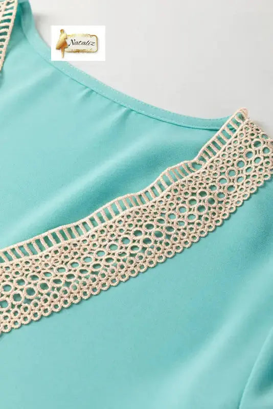 Green Lace Trim V Neck Short Sleeve Blouse Nataliz
