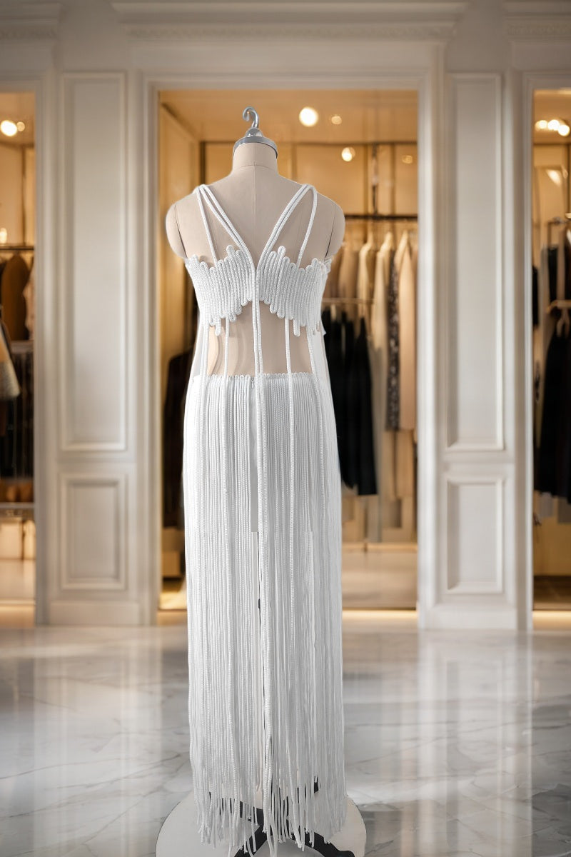 Fringe Maxi Dress in White mannequin view · nz-bg-v1