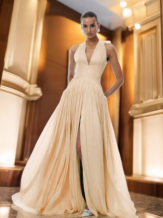Pleated Halter Neck Maxi Dress with Front Slip model front view · nz-bg-v1
