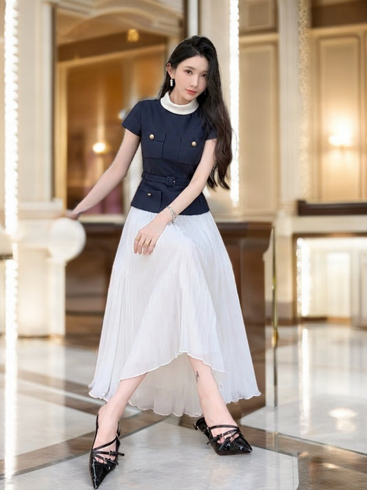 Navy Belted Top & White Pleated Maxi Skirt Set model front view · nz-bg-v1