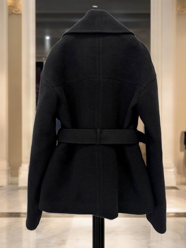 Belted Wide-Lapel Short Coat in Black hanging view · nz-bg-v1