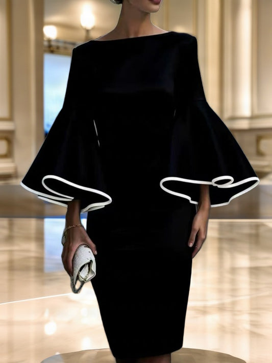 Contrast Trim Flared Sleeve Midi Dress model front view · nz-bg-v1