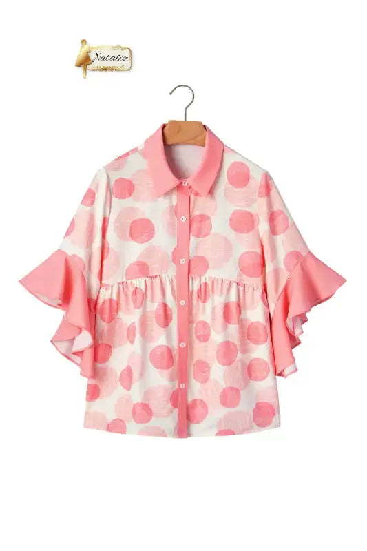 Pink Double Polka Dot Printed Ruffle Trim Short Sleeve Babydoll Shirt Nataliz
