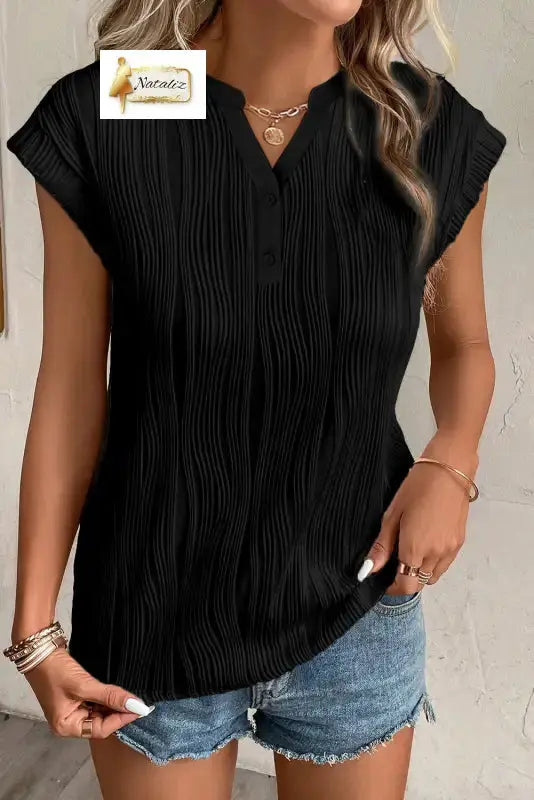 Pink Wavy Textured Button V Neck Tee Dear-Lover Dropshipping